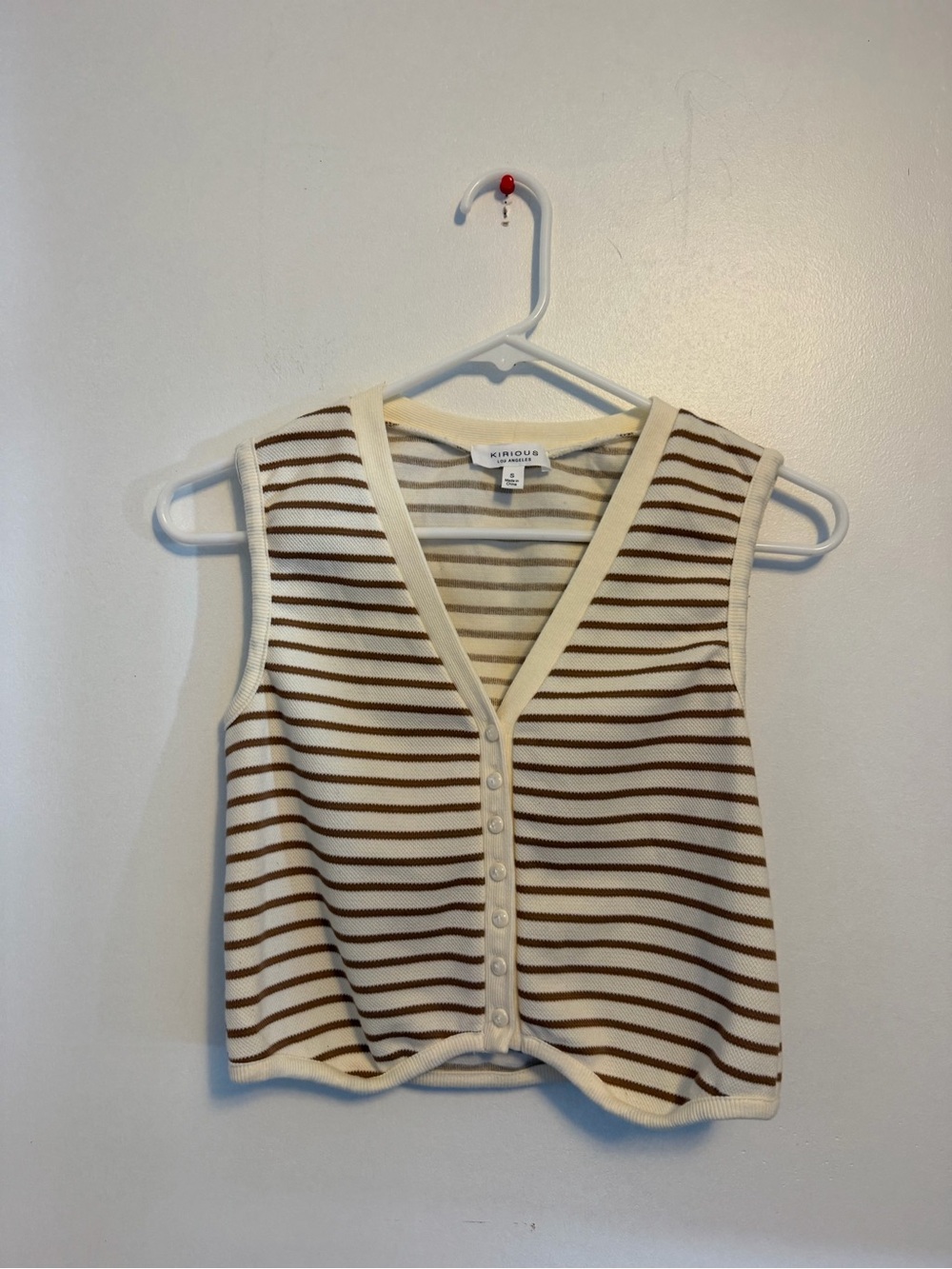 Krious Los Angeles Striped V-Neck Button-Down Sweater Vest Cream Brown Size S